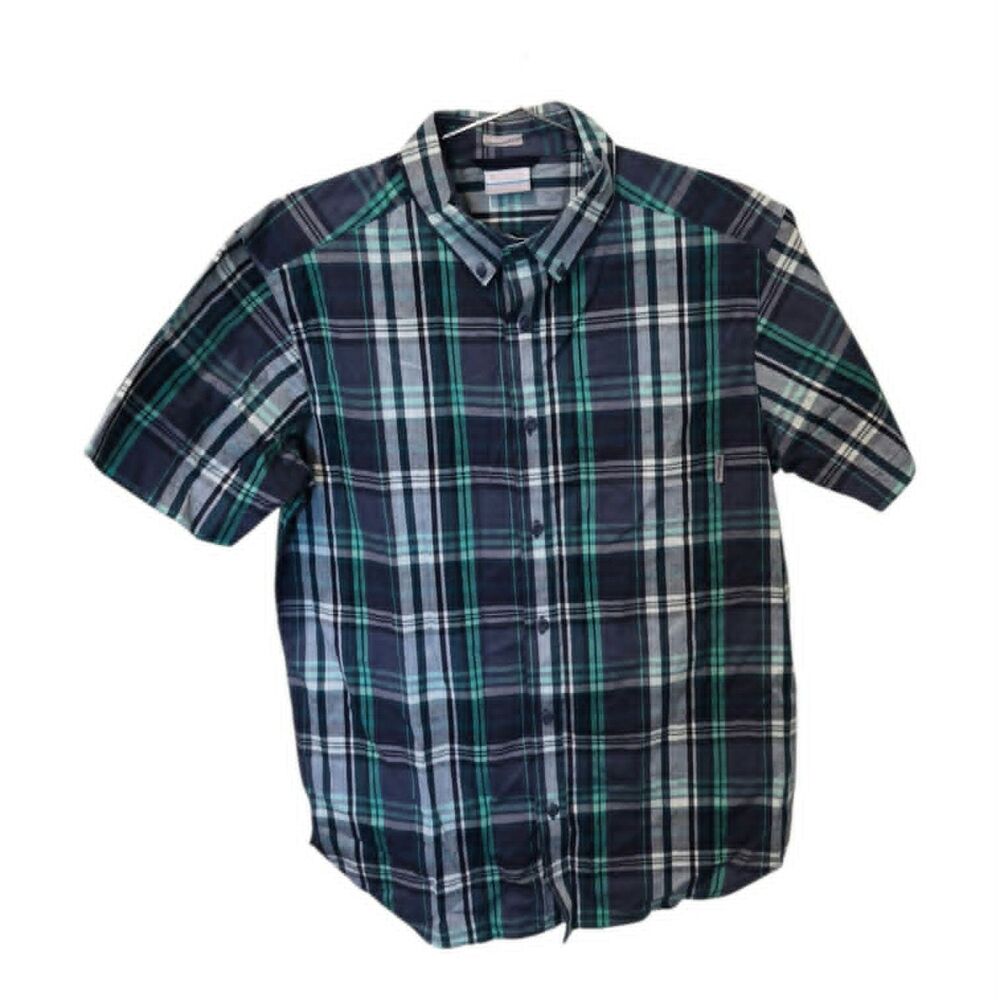 Men’s Plaid Button Down Shirt Blue Green Short Sleeve Casual Collared Top NWOT